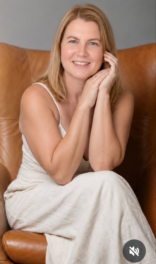 Retrato de Lucelia Andreia Trojan em uma poltrona marrom